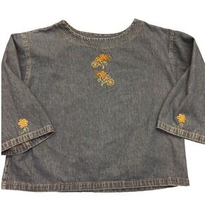 Jacobson's Vintage Women's L | Blue Denim Embroidered Floral Beaded Blouse USA